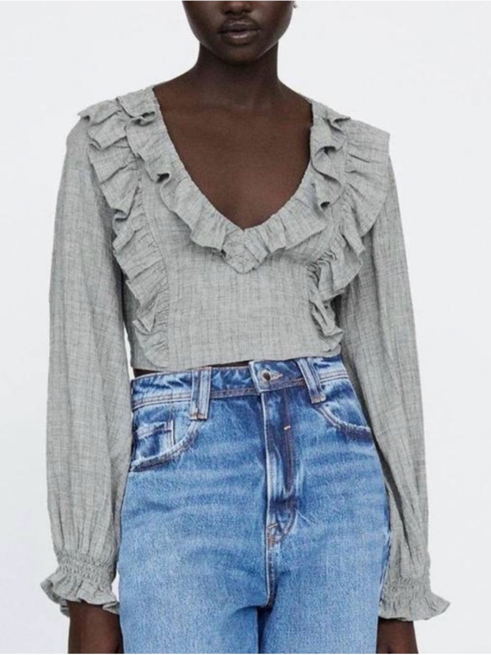 Zara Gray Ruffled V-Neck Long-Sleeve Crop Top